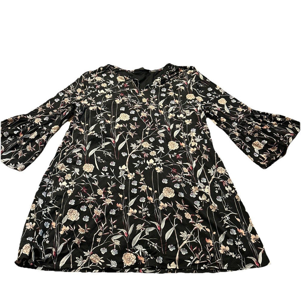 Style & Co Black Floral Long‎ Sleeve Mini Dress Womens XL Trendy Lined Casual